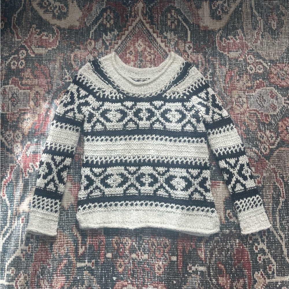 Free People Reed Fair Isle Black & Off White Oversized Sweater Small EUC